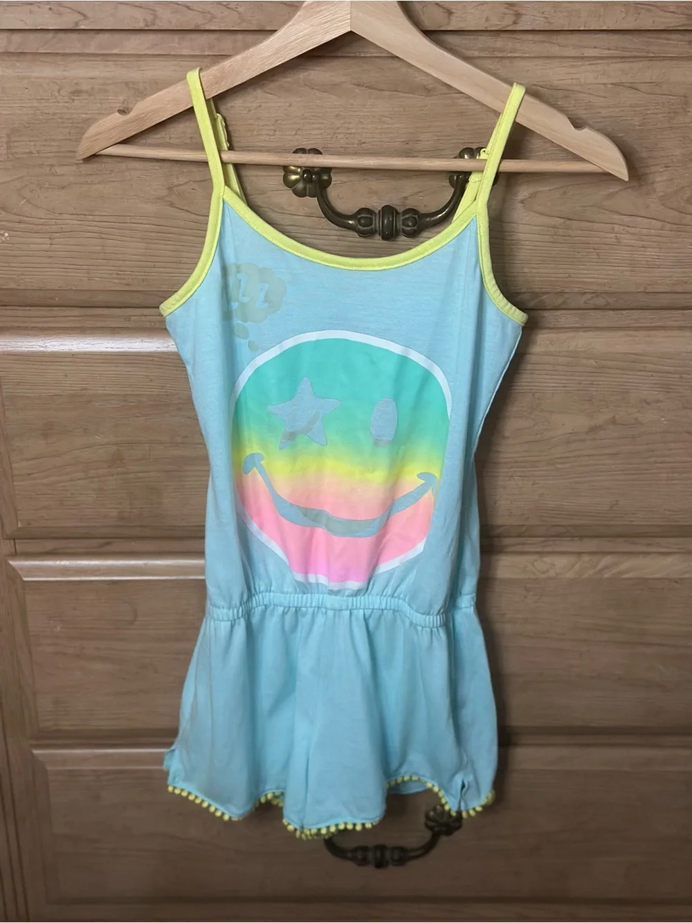 Light Blue Graphic Smiley Romper with Neon Tassled Trim | Size 12